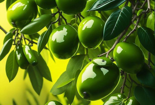 Fresh green olives Vibrant green Background and plump and glistening with Drops of oil catch