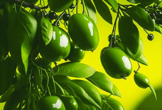 Fresh green olives Vibrant green Background and plump and glistening with Drops of oil catch