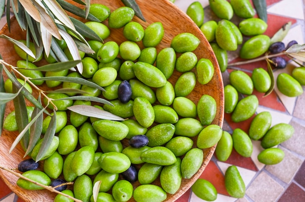 Fresh green olives with branches and leaves. Seasonal harvest in Italy. Top view.