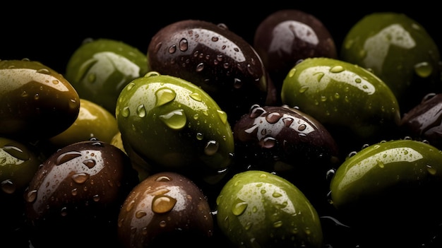 Fresh green olives with water splashes and drops on black background