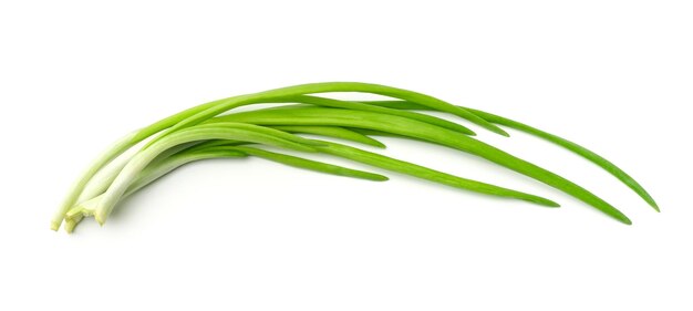 Fresh green onions isolated on white background Top view