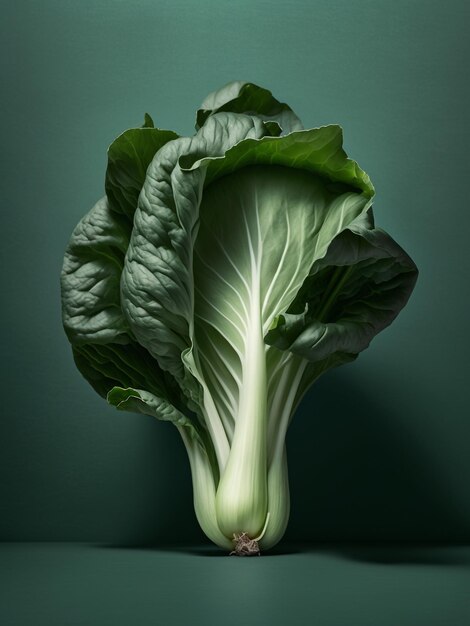 Fresh green pak choi cabbage with shadow isolated on green background Generative AI