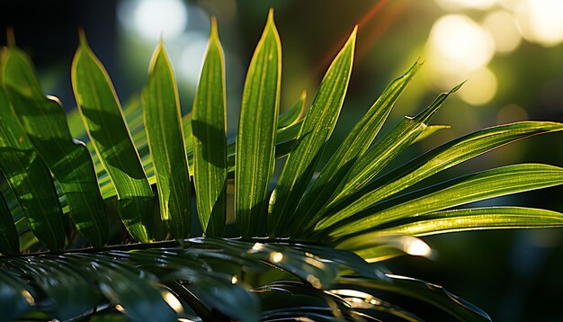 AI によって生成された鮮やかな熱帯の夏の日差しの中の新鮮な緑のヤシの葉