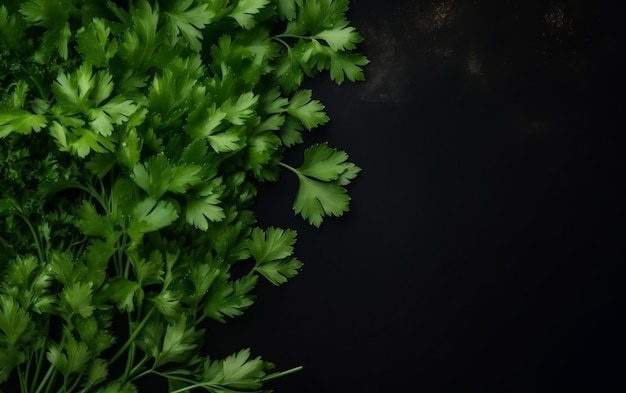 Fresh green parsley on a black background.