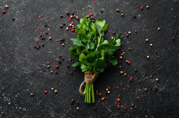 Fresh green parsley on the table Top view