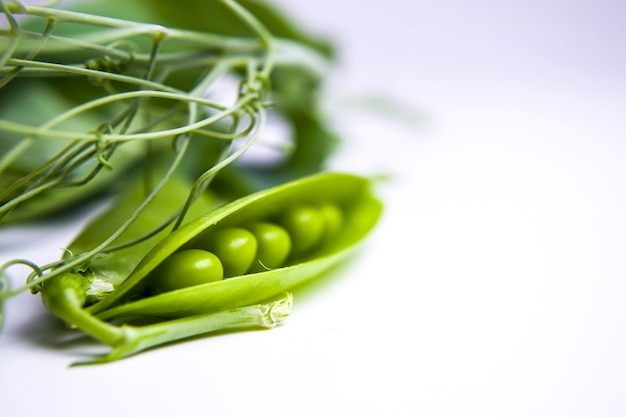 Fresh green pea pods with foliage on a white background one pod is open peas are visible