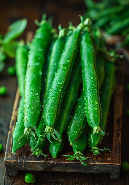 Fresh green pea pods on wooden table