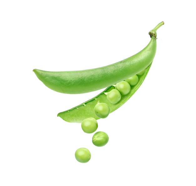 Fresh Green pea seeds falling from pods isolated on white background