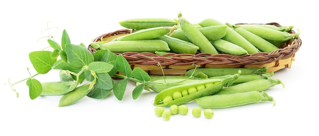 Fresh green peas in basket on a white background.