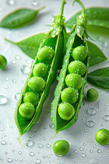 Photo fresh green peas in a pod with water droplets white background closeup bright lighting