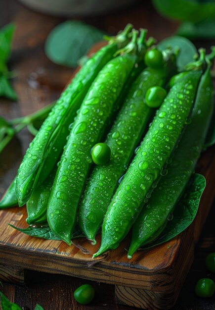 Fresh green peas on wooden background