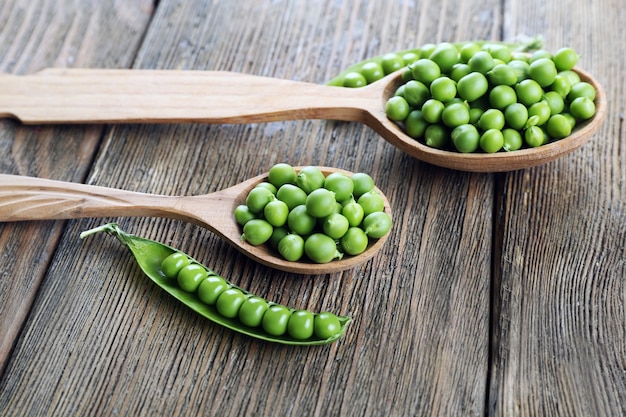 Fresh green peas in wooden spoon on table close up