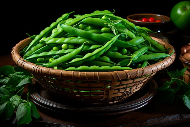 fresh green peas on a wooden table