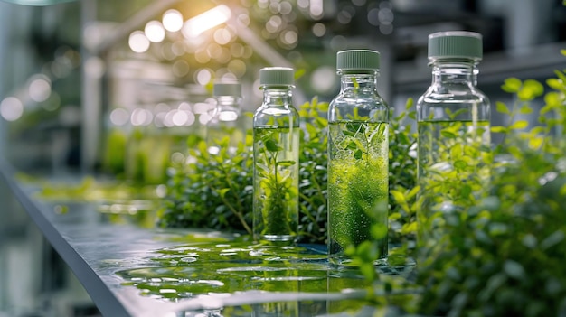 Pianta verde fresca in un vaso di vetro con fiori e foglie d'acqua circondati da una bottiglia di tè sano e menta isolati su uno sfondo bianco