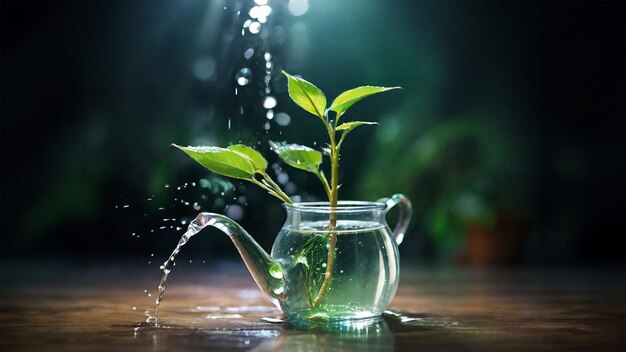 Fresh green plant sprout bud from watering pot glass with water drops on serene nature background