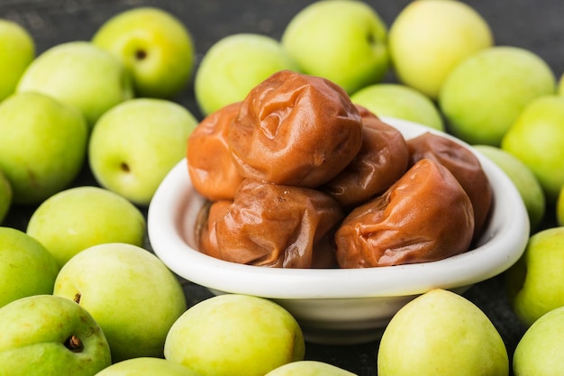 Fresh green plum and preserved green plum