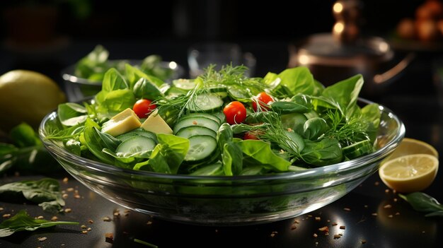 Photo fresh green salad on glass bowl