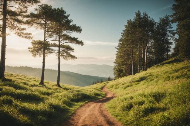 fresh green scene of mountain hilol with old country road Attractive summer view of Carpathian moun