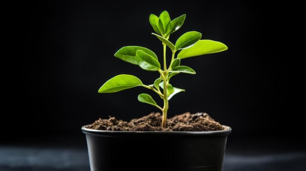 黒い背景に新鮮な緑の苗が植木鉢で育つ