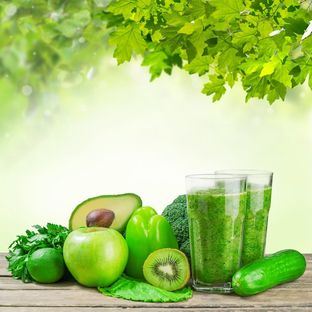 Fresh green smoothie from fruit and vegetables for healthy life, dietary eating, selective focus