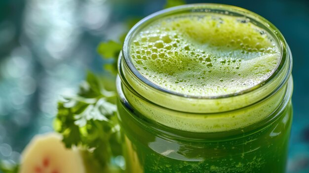 Photo fresh green smoothie in jar with parsley