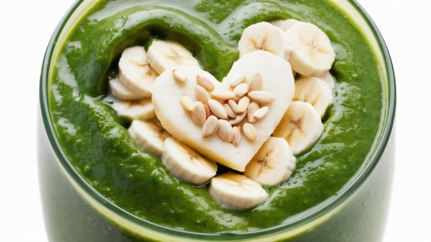 Fresh green smoothie with banana and spinach with heart of sesame seeds love for a healthy raw food