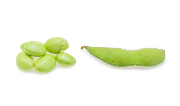 Fresh green soybeans on white