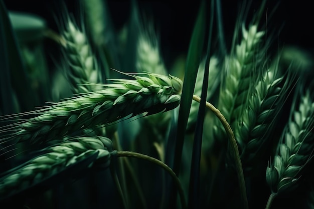 Fresh green spikes of wheat AI