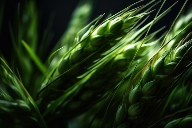 Fresh green spikes of wheat AI