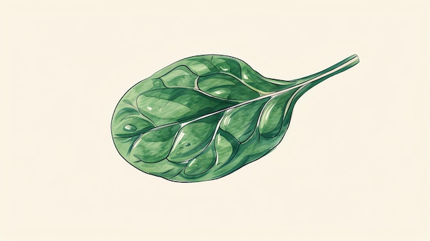 Photo fresh green spinach leaf with water drops isolated on beige background watercolor hand drawn illustration