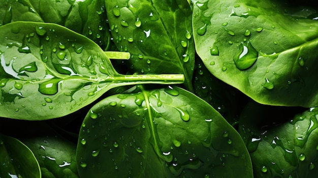 Fresh green spinach leaves with water drops background Vegetables backdrop Generative AI