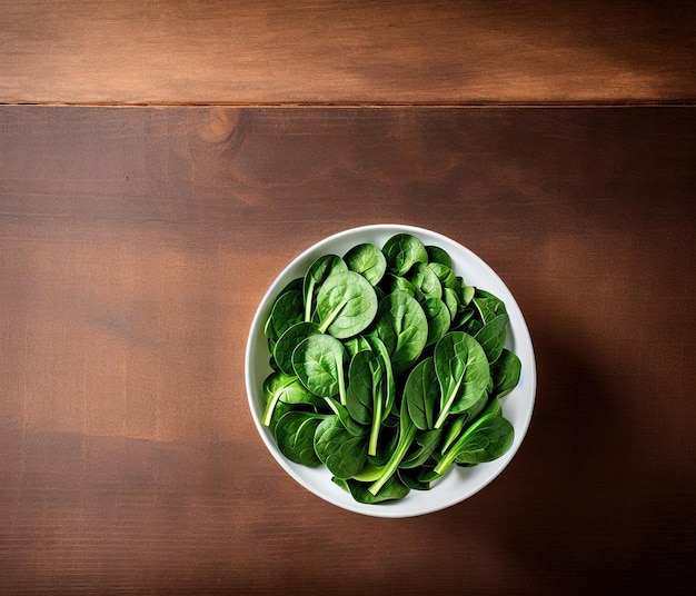 fresh green spinach leaves on a wooden background top view