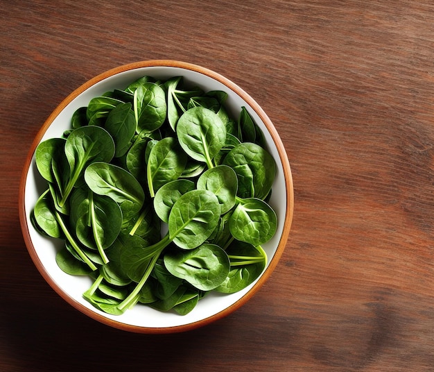 fresh green spinach leaves on a wooden background top view