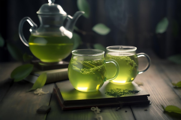 Fresh green tea in glass cup