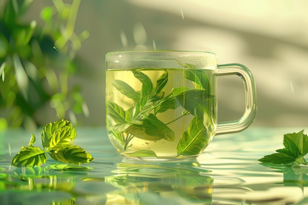 Fresh green tea with tea leaves in the water