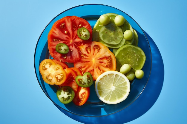 青い皿の新鮮な緑のトマトと<unk>のドマト