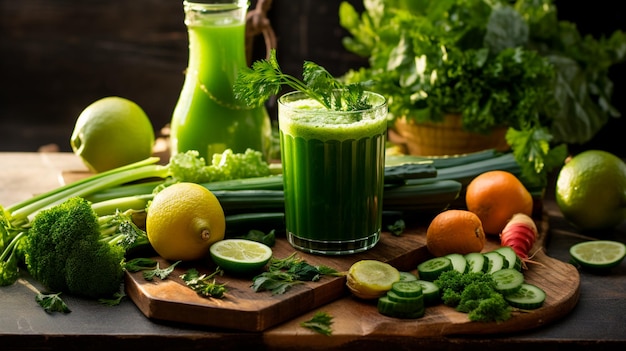 fresh green vegetable juices in glass bottles