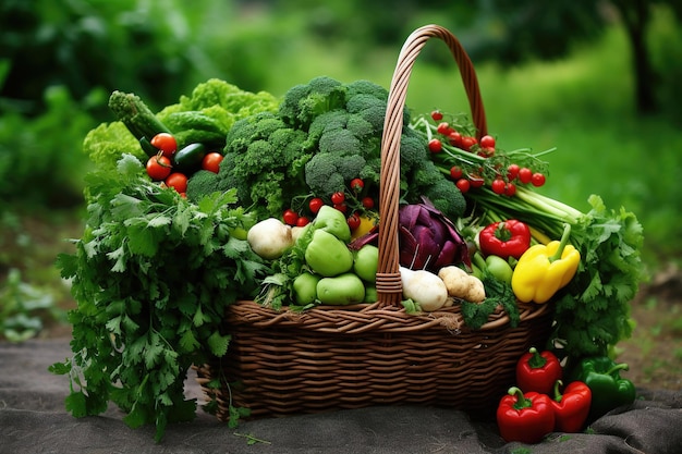 fresh green Vegetables beautifully arranged in a big basket in green field