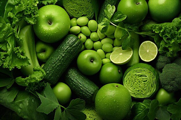 Photo fresh green vegetables and fruits as background top view healthy food