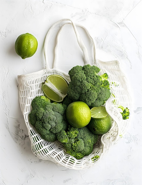 エコフレンドリーなメッシュバッグに新鮮な緑の野菜と果物