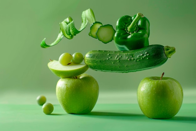 Foto verdure e frutta verdi fresche che cadono su uno sfondo verde pepe verde mela verde e cetriolo