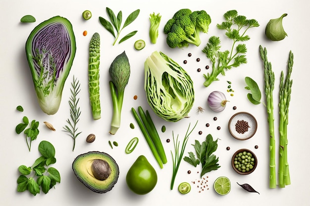 Fresh green vegetables and fruits flatlay on white background generative ai