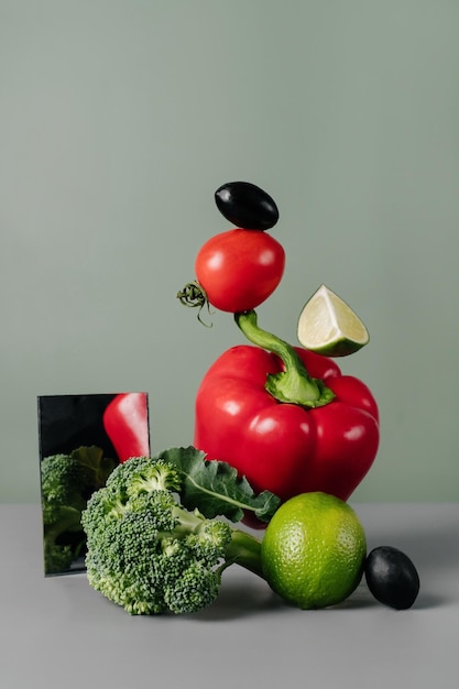 Fresh green vegetables fruits on table in balance trendy