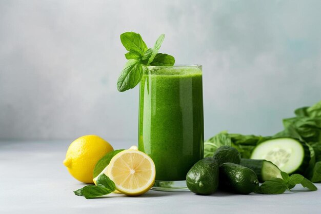 Fresh green vegetables and green smoothie with spinach in glass detox diet or healthy food concept