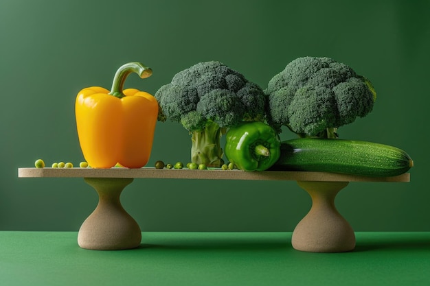 사진 식탁 에 완벽 한 균형 을 유지 하는 신선 한 녹색 채소