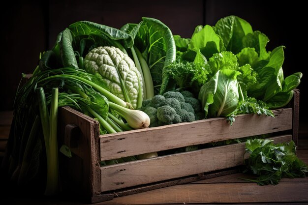 Fresh green vegetables in a rustic wooden box