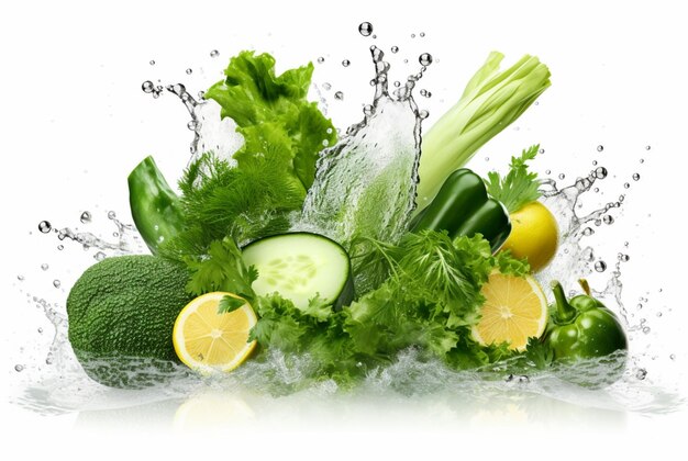 Fresh green vegetables with water splashes isolated on white background generative ai