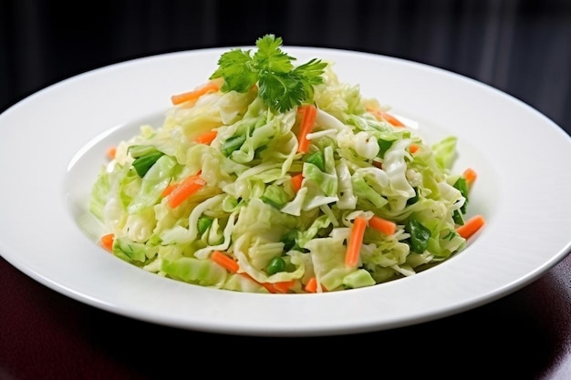 Fresh green vegetarian salad with savoy cabbage raw carrot radish bell pepper leek and green peas