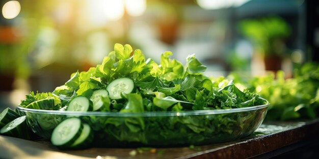 Fresh greens closeup dew drops on leaves greens on the table vegetarian theme generative ai