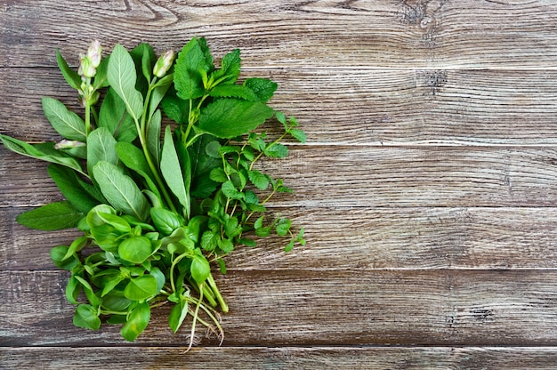 Fresh greens and herbs, harvested from the garden. Herbs for making herbal tea. Bunch useful products on a wooden table (basil, mint, salvia, melissa)